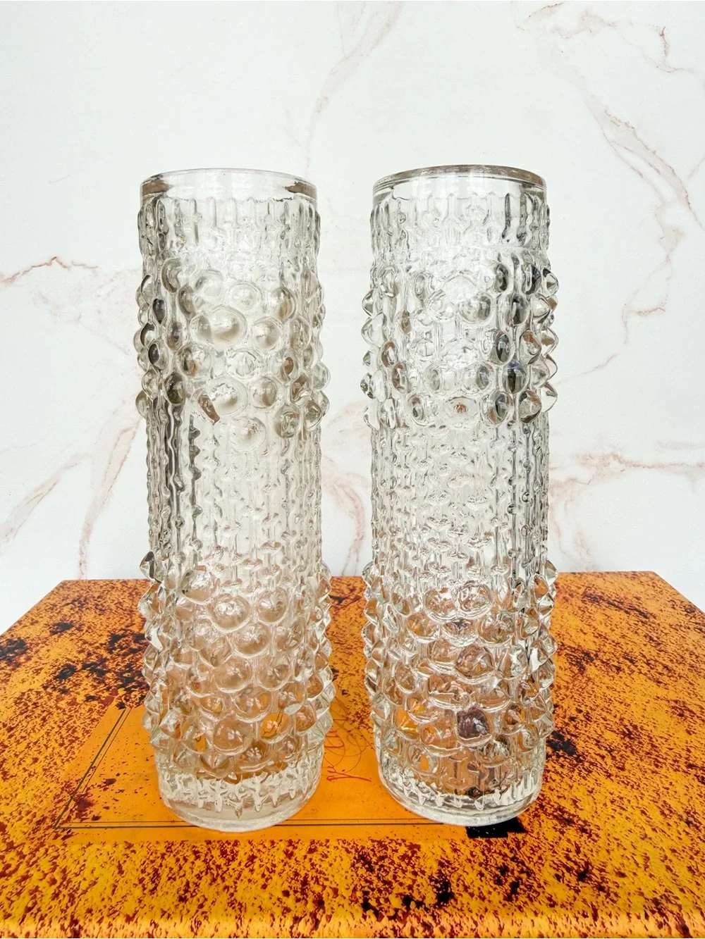 PAIR of Vintage 1970s Czech Sklo Union Candle Drip Glass Vases František Pečený